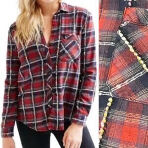 BDG Plaid Flannel & Yarn Textured Button-Up Shirt Red Soft Size Small Petite SP